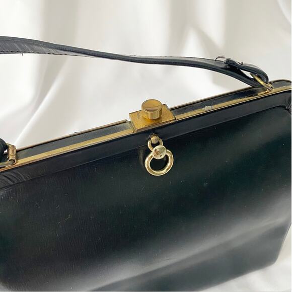 Vintage Black Leather Handbag - Retro Structured Top Handle Purse - Picture 12 of 12